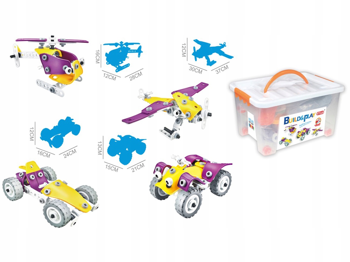 Zestaw zawiera: instrukcje, narzędzia i różnokształtne klocki