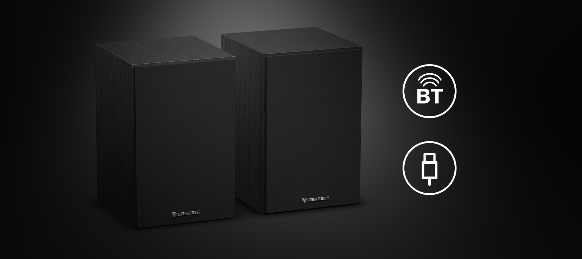 Czarne głośniki Genesis Arsen 302BT 2.0 o eleganckim wyglądzie z opcjami łączności Bluetooth i przewodowej.