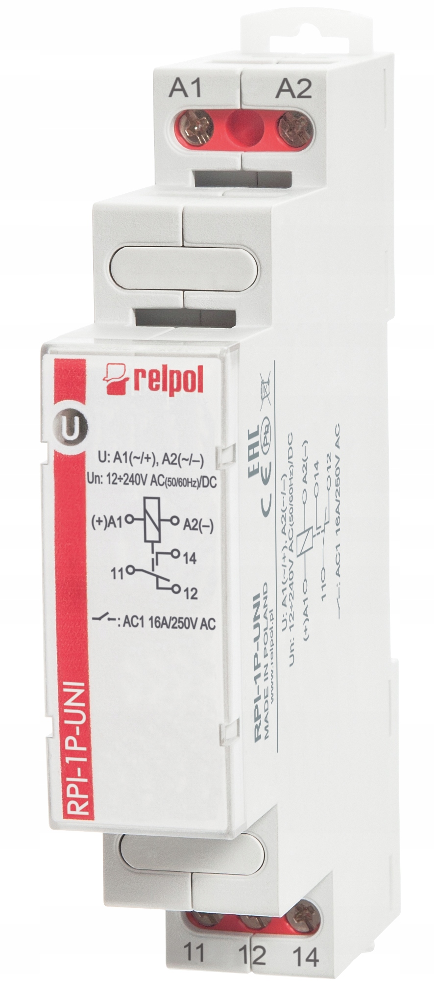 Przekaźnik elektromagnetyczny 1P AgSnO2 12-240V AC/DC 50/60Hz 16A RPI-1P-UNI 863378 – Niezawodne rozwiązanie dla Twojego domu