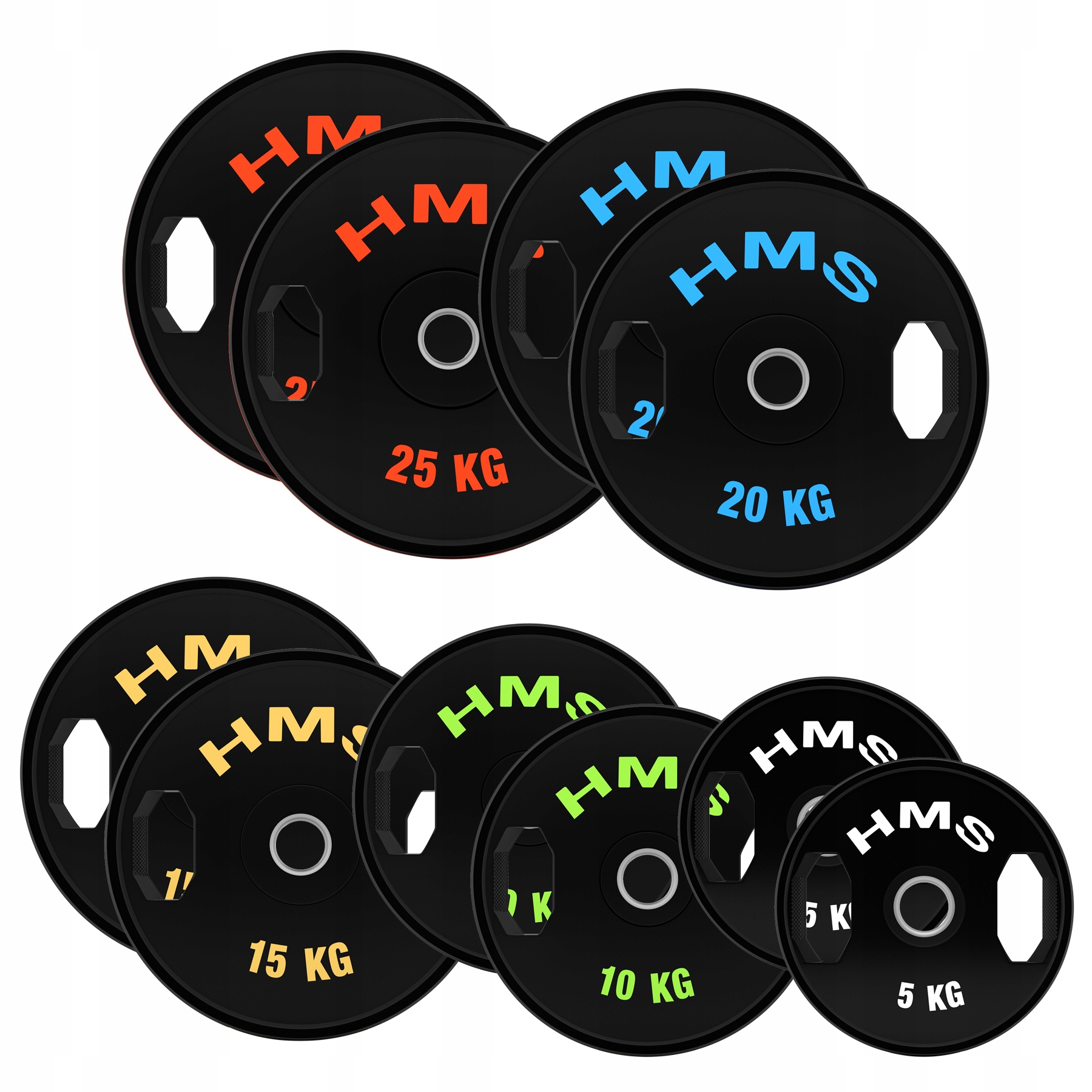 TOG ZESTAW TALERZY OLIMPIJSKICH OGUMOWANYCH 2 x 5 - 25 KG (150 KG) HMS – Idealne do treningu siłowego
