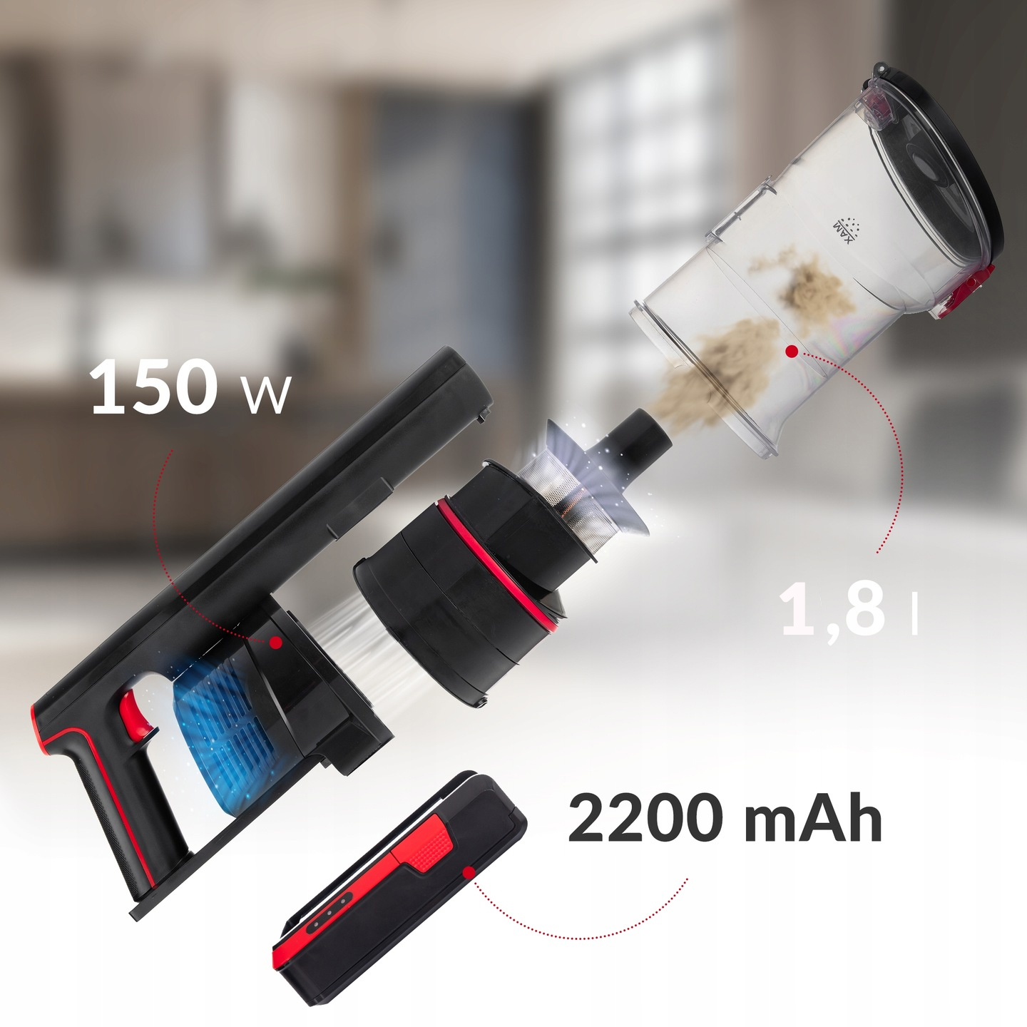 ODKURZACZ PIONOWY BEZPRZEWODOWY RĘCZNY LEHMANN BEZWORKOWY AKUMULATOROWY LED Komunikacja wskaźnik ładowania wskaźnik stanu akumulatora wskaźnik zapełnienia worka/pojemnika