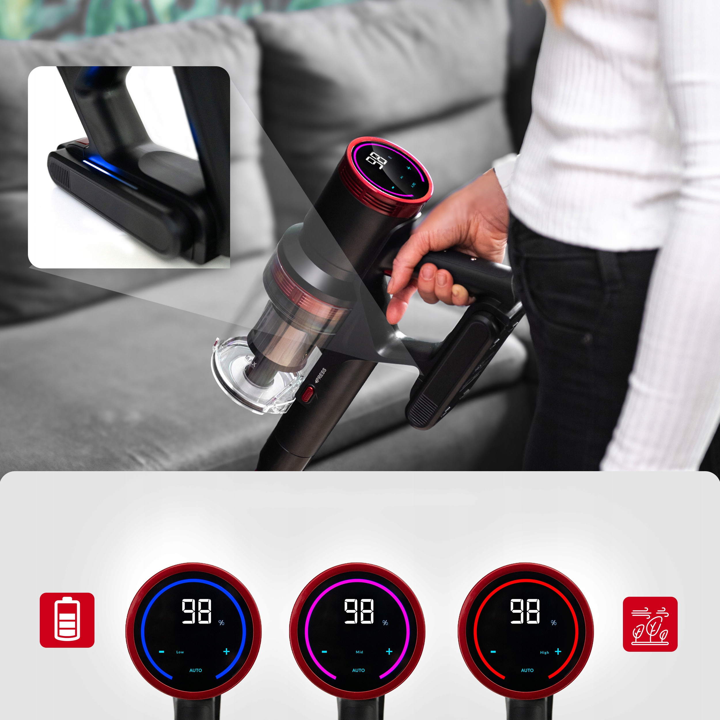 ODKURZACZ PIONOWY BEZPRZEWODOWY RĘCZNY BEZWORKOWY ELEKTROSZCZOTKA LED 450W Praca na mokro nie