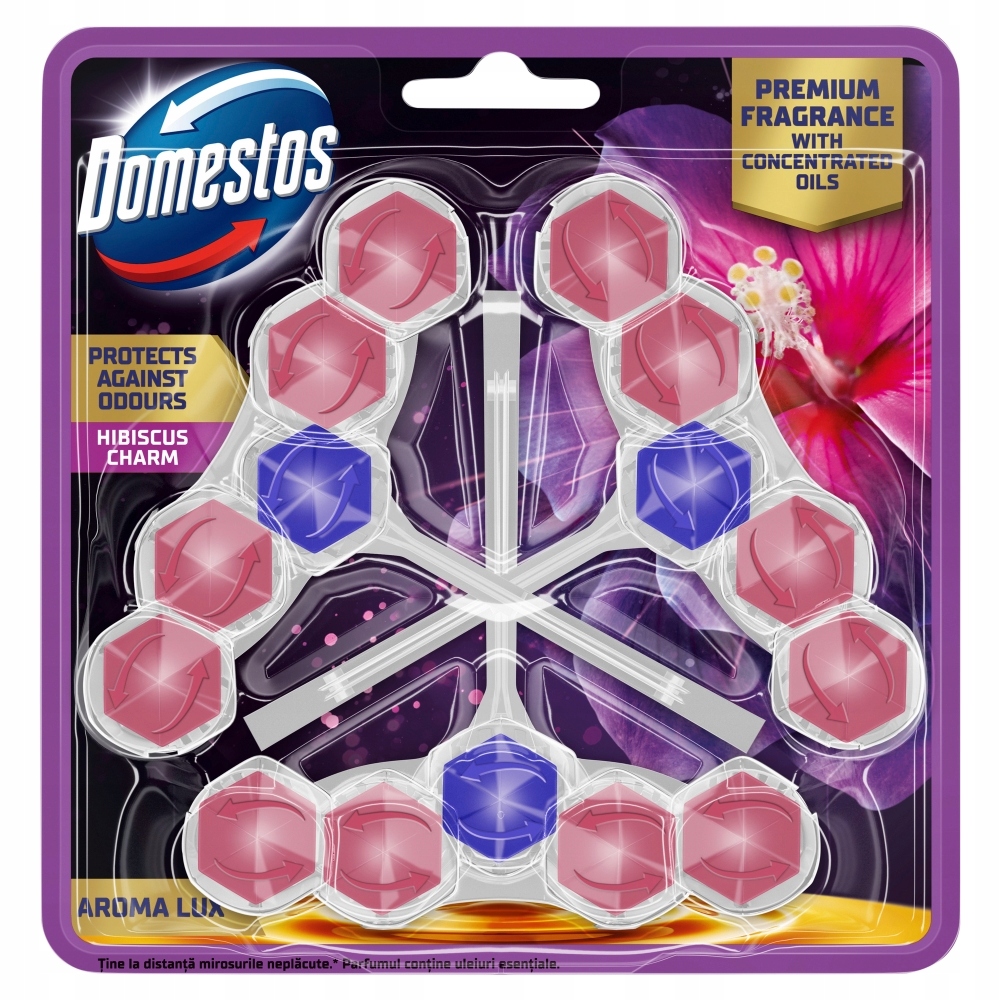 DOMESTOS Kostka toaletowa Aroma Lux Hibiscus Oil & Wild Berries – Czystość i świeżość w Twojej toalecie
