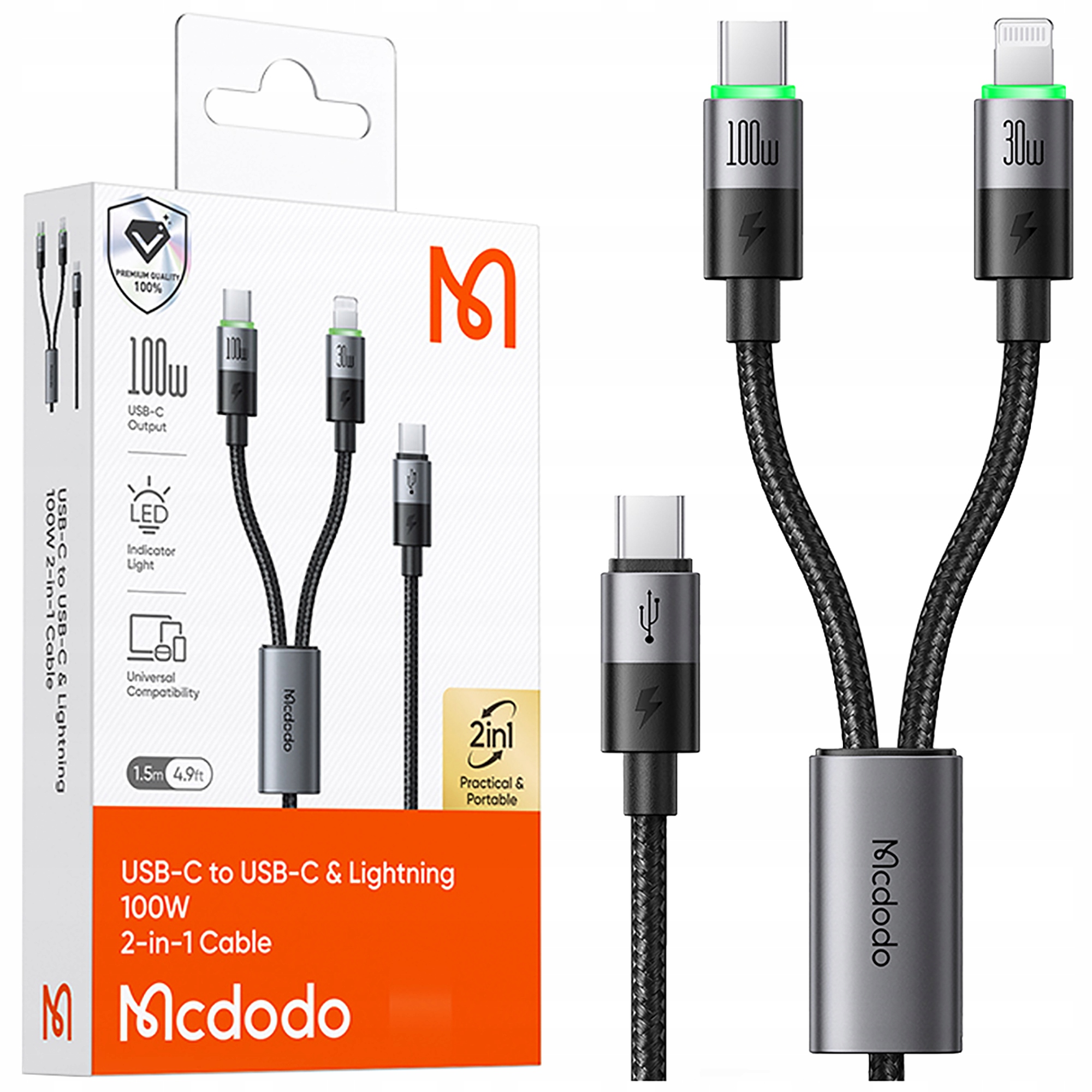MCDODO KABEL USB-C 2W1 SZYBKIE ŁADOWANIE DO IPHONE 14 MACBOOK LED 100W 2M – Wydajność i wygoda w jednym