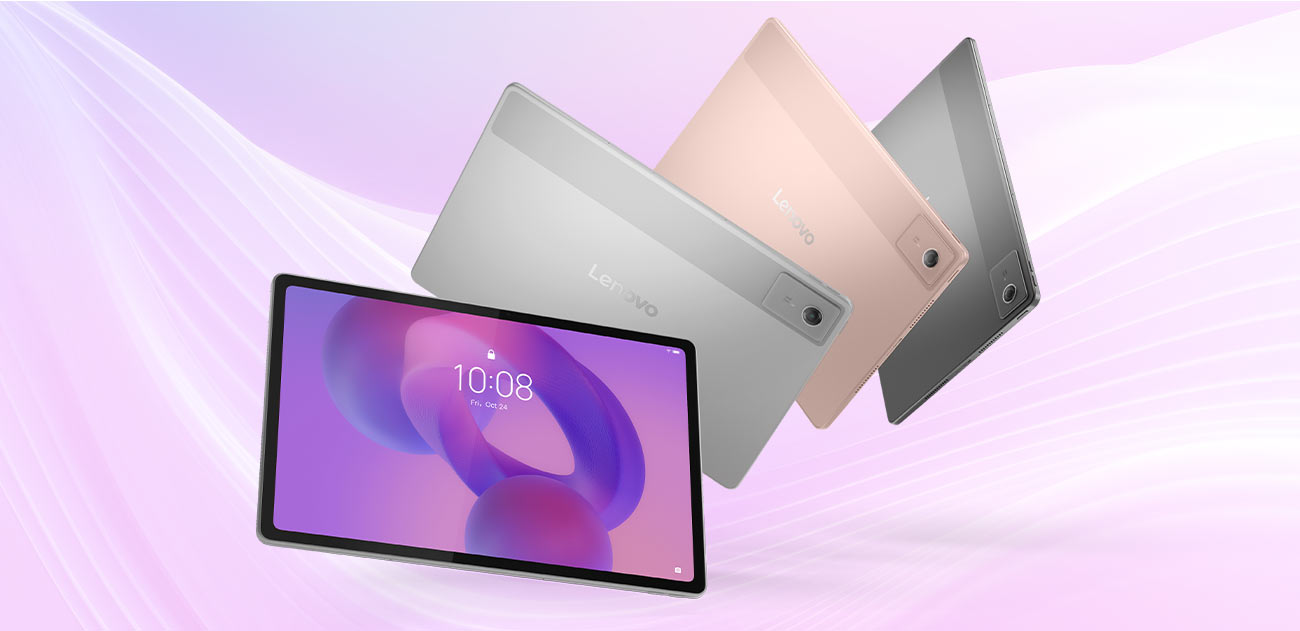 Tablet Lenovo Idea Tab Plus w trzech kolorach, jeden przodem z kolorową tapetą na ekranie