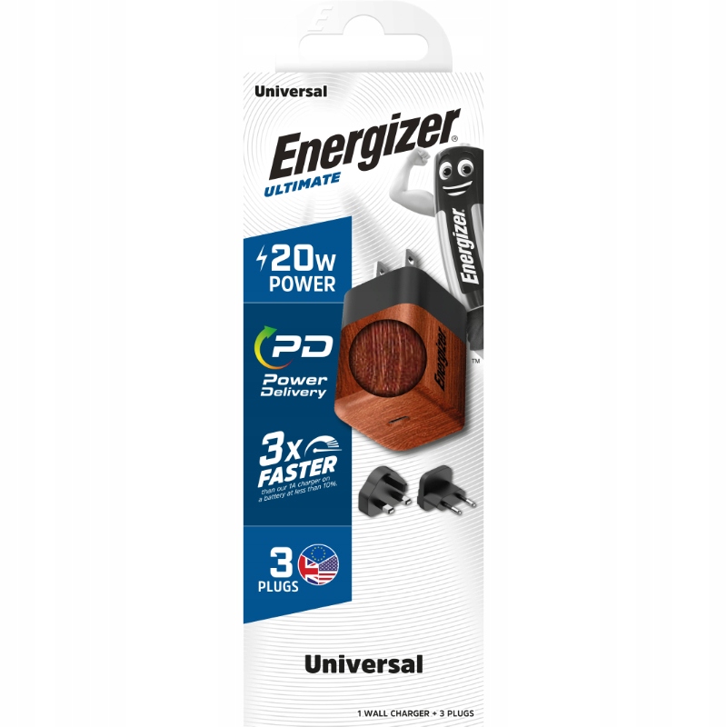 Energizer Ultimate - Ładowarka sieciowa Multiplug EU / UK / US GaN USB-C 20W PD