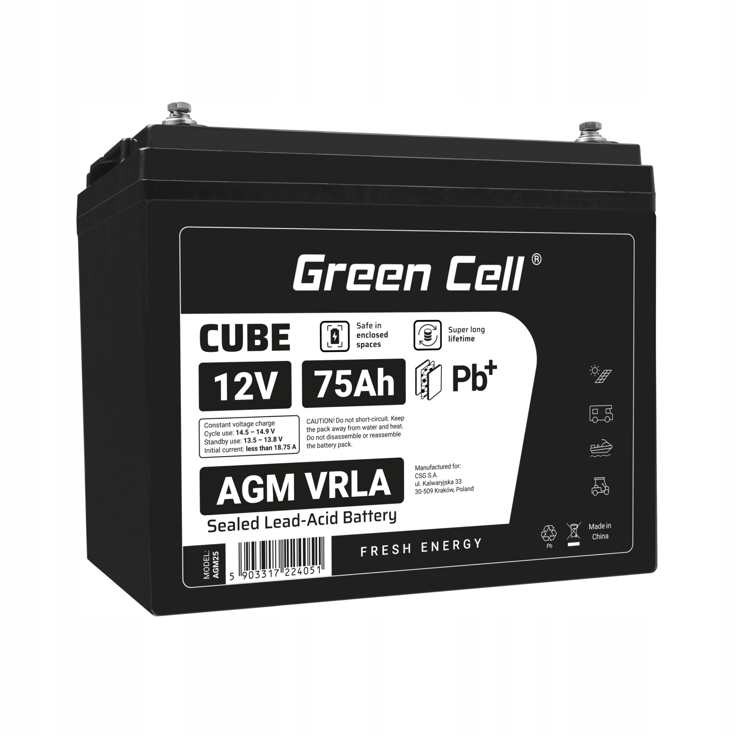 Akumulator Green Cell Cube AGM VRLA 12V 75Ah – Niezawodne źródło energii
