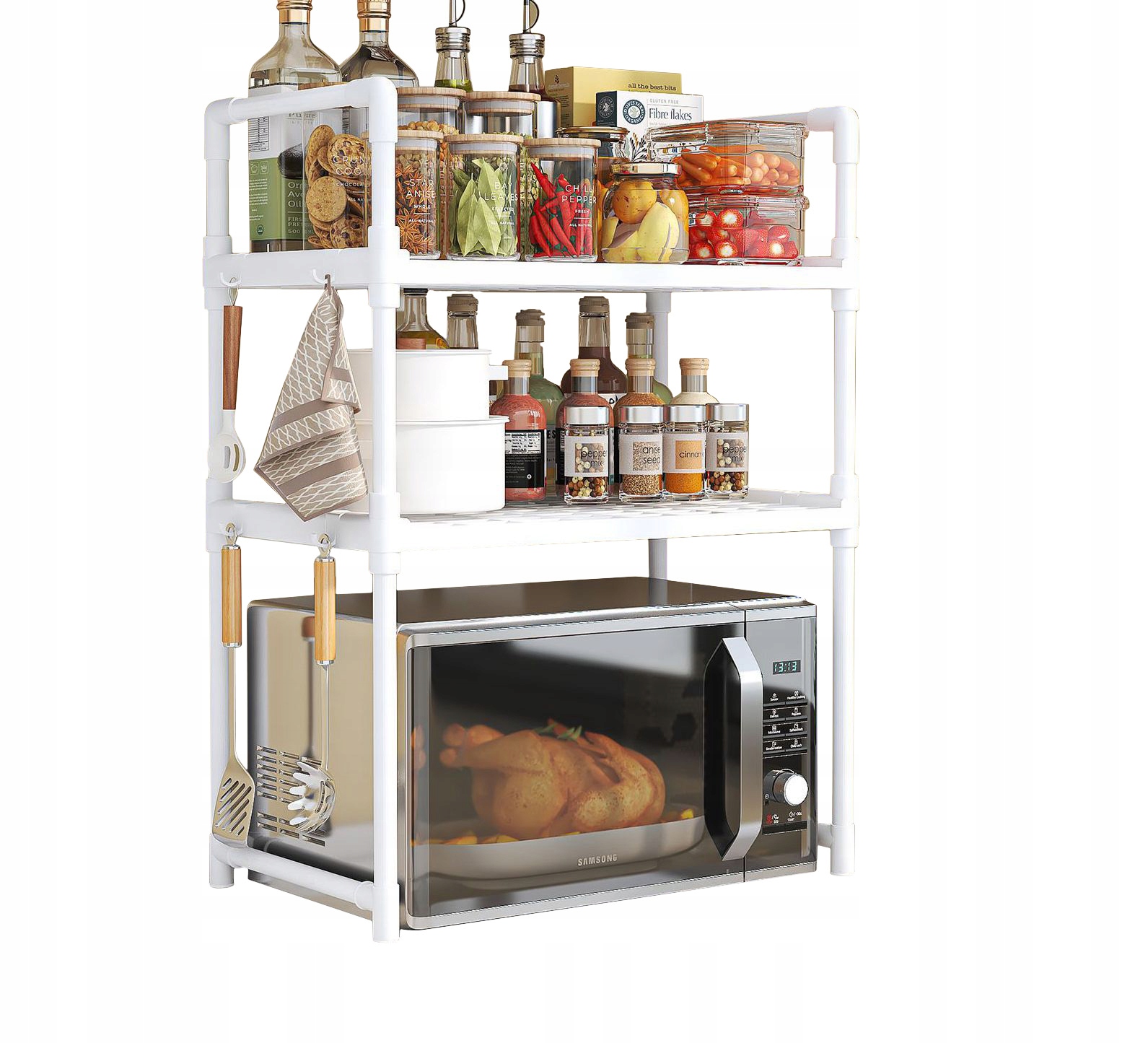 Półka kuchenna pod mikrofalówkę - Szafka organizer biała 3 poziomy 48cm regał