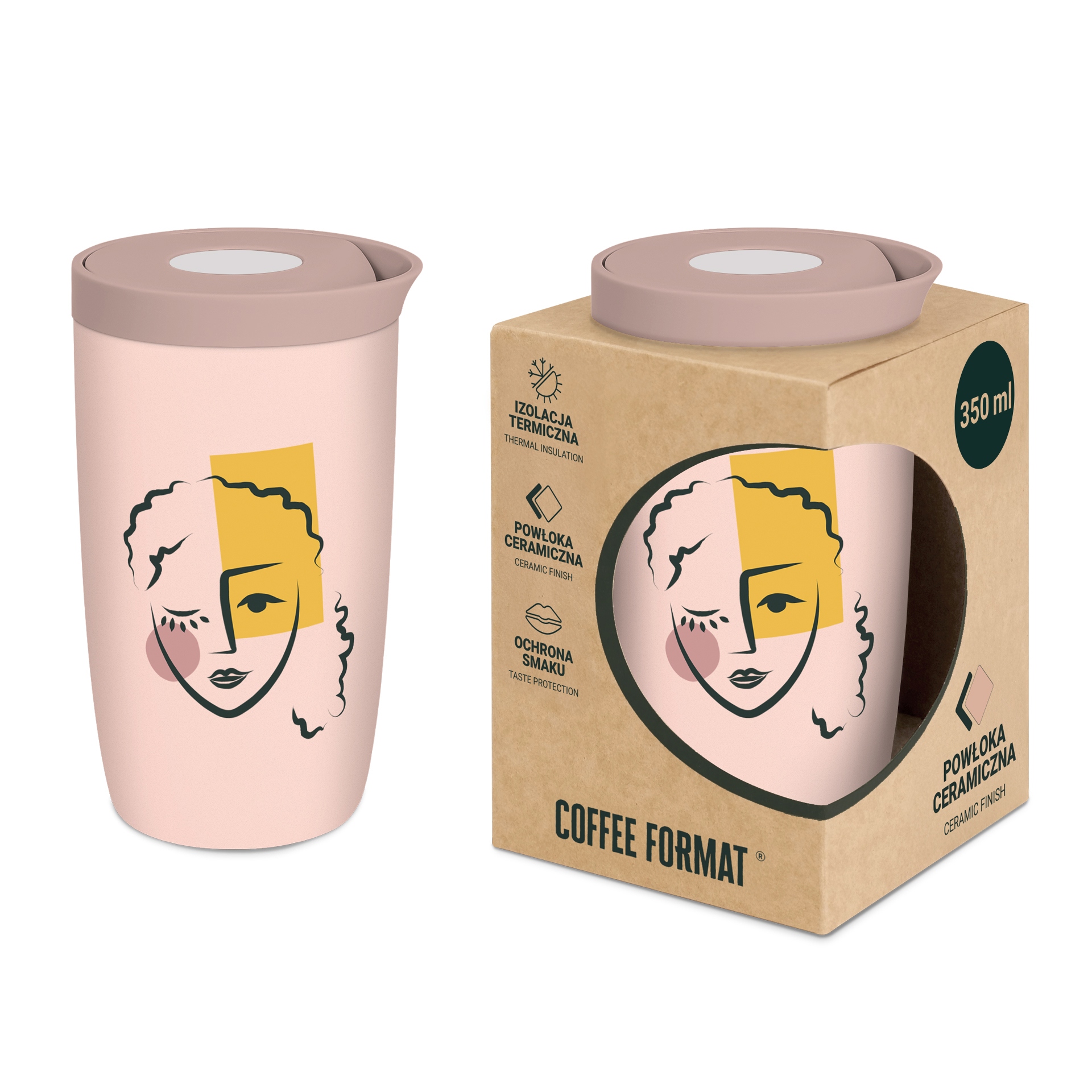 Coffee Format Różowy kubek termiczny z motywem twarzy 350 ml – Elegancja i funkcjonalność w jednym