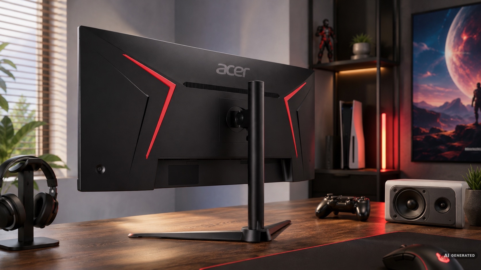 Tylna część monitora Acer Nitro XZ34QXC Ergo z czerwonymi detalami na drewnianym biurku, obok głośnika i białej konsoli.