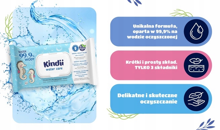 Chusteczki dla dzieci Kindii 99,9% Water Care – pielęgnacja dla Twojego maluszka