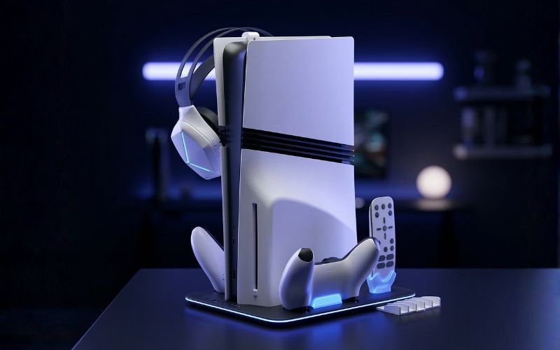 Podświetlana podstawka Yaxo Ice Storm NE do PS5 z miejscem na dwa kontrolery, słuchawki i pilot, pokazana z przodu na ciemnym tle