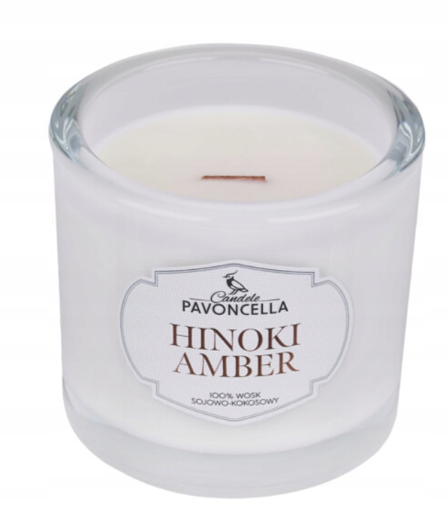Świeczka sojowa Hinoki Amber biała 170g – Zmysłowy relaks w Twoim domu
