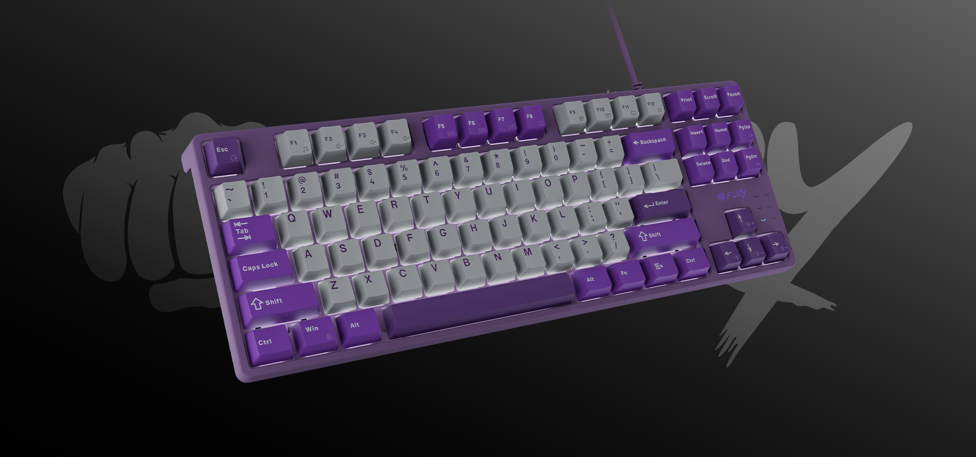 Fioletowa klawiatura z szarymi i fioletowymi klawiszami w standardowym układzie.