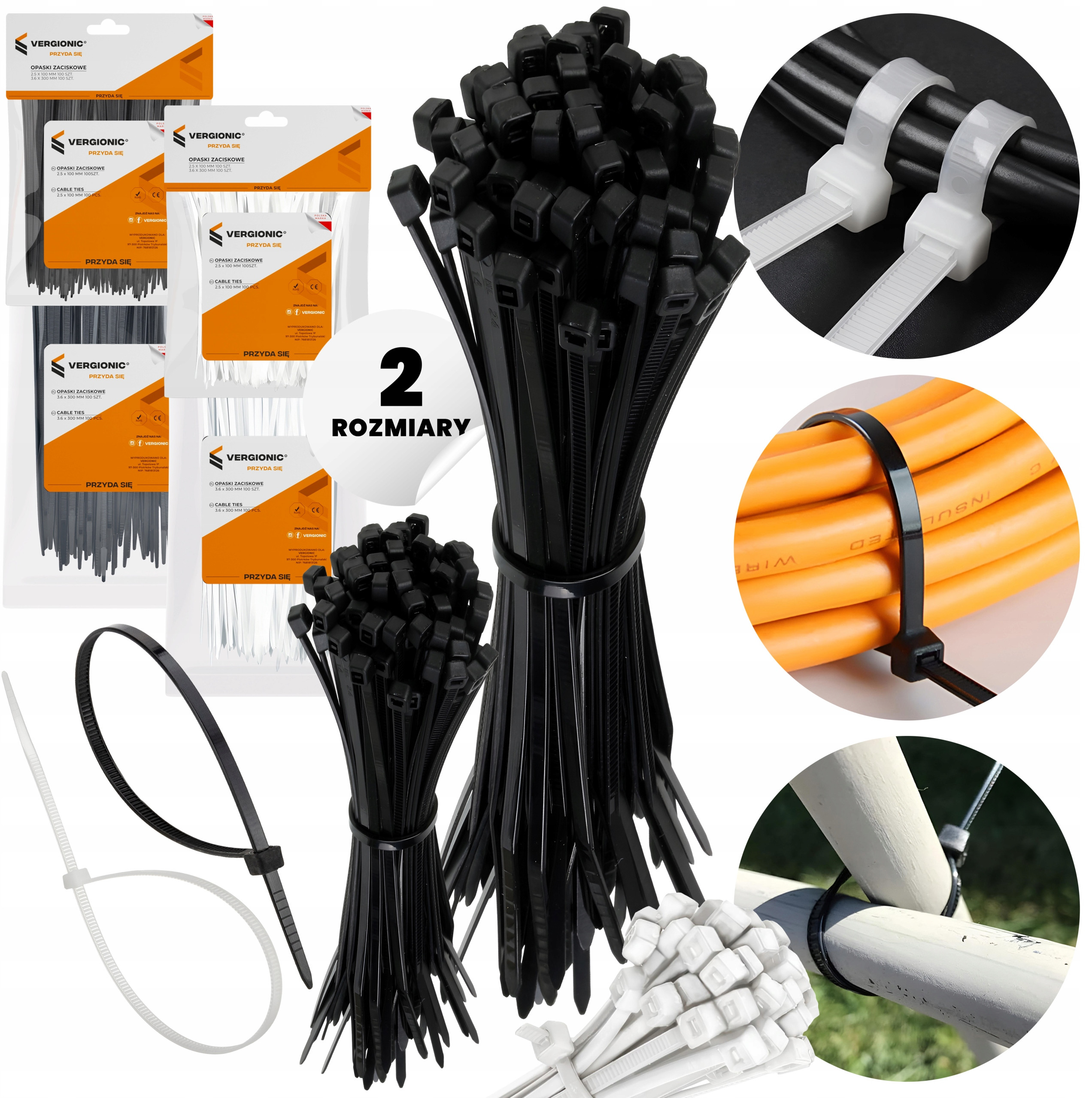 Organizer VERGIONIC KOMPLET OPASEK ZACISKOWYCH, TRYTYTKI, KABLOWE ZIPERKI UV MIX 200szt – Idealne rozwiązanie do organizacji kabli