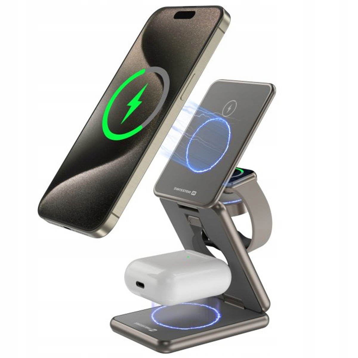 Funkcja ładowania 3w1 – Wygodne zasilanie dla smartfona, słuchawek i zegarka