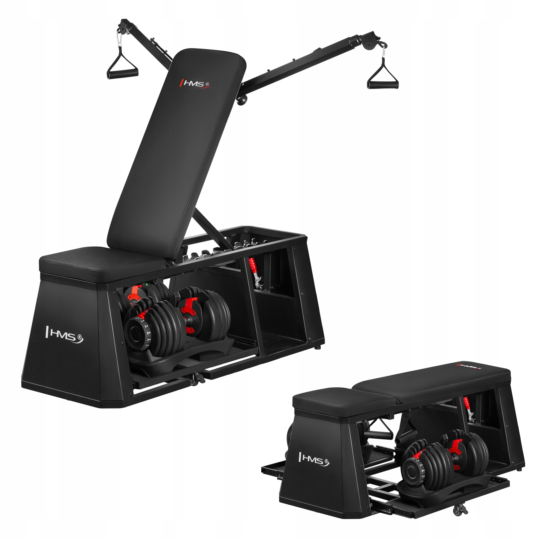 Ławka multifunkcyjna LM4012 4w1 + 2x SR52 – Idealny zestaw do domowej siłowni