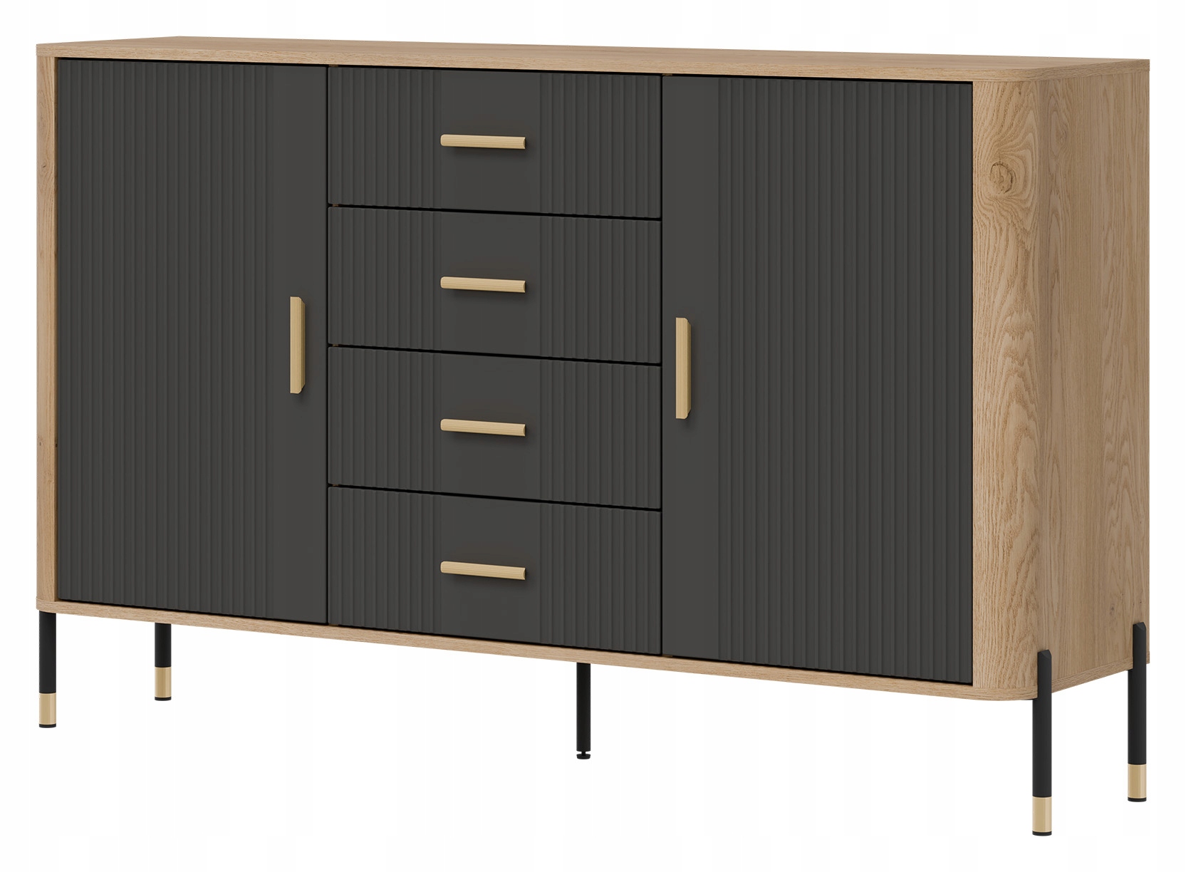 Komoda Szafka dwudrzwiowa z 4 szufladami Dąb Antracyt Czarny DANTE DT09 – Elegancja i funkcjonalność w Twoim wnętrzu