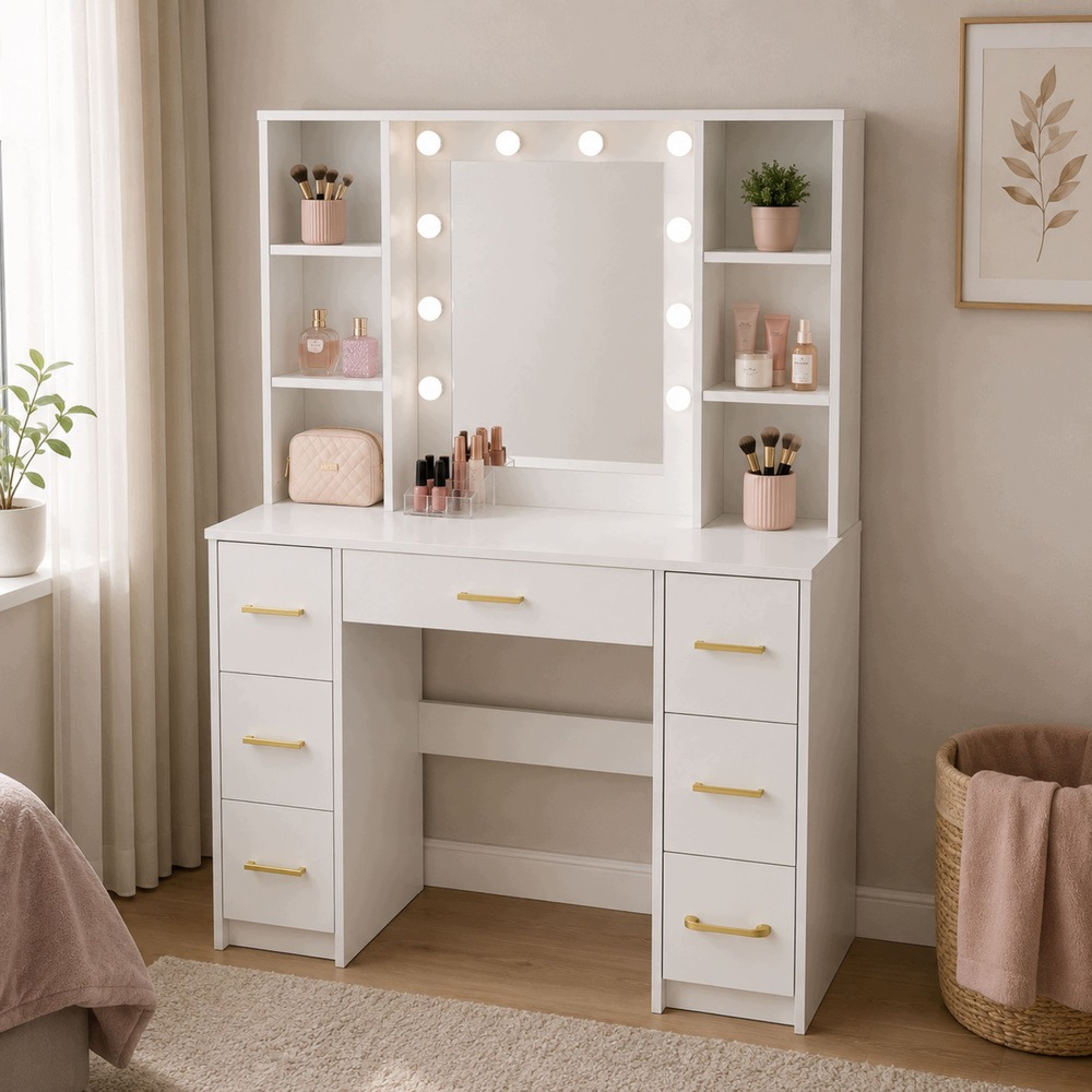 Duża Toaletka Lustro Ze Światłem LED Półki 7 Szuflad Biała 140x100x40 cm – Elegancka przestrzeń do makijażu