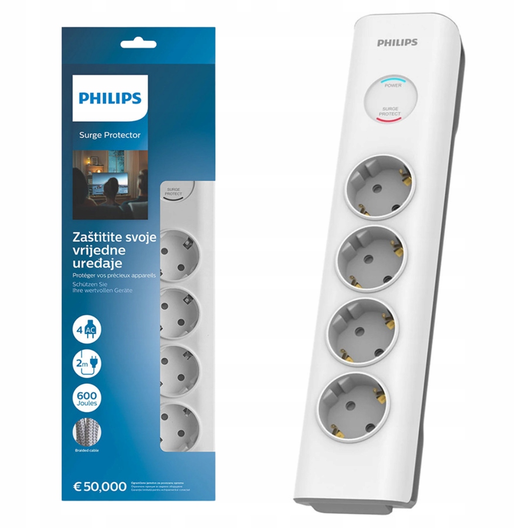 Przedłużacz sieciowy Philips Listwa Zasilająca Biała 4 Gniazda Schuko 2m SPN7040WA/58 – Bezpieczne zasilanie dla Twojego domu
