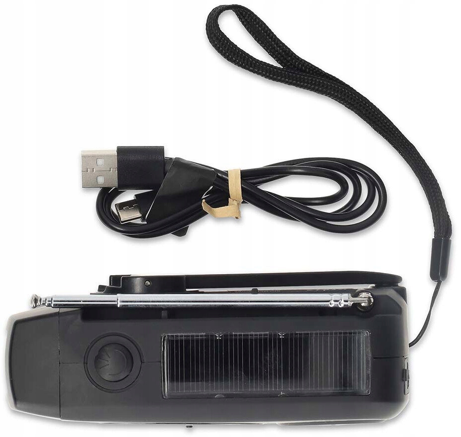 Trzy metody ładowania – dynamo ręczne, panel słoneczny i USB-C