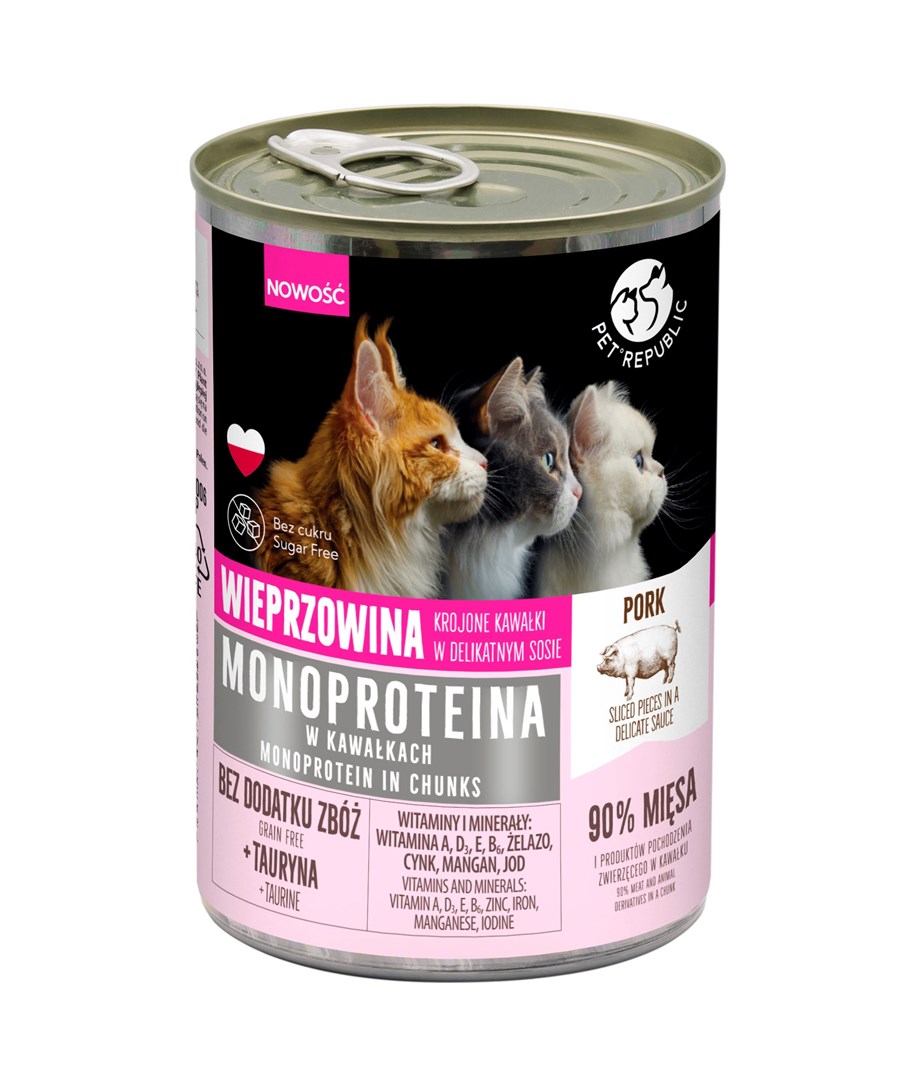 PetRepublic MONOPROTEINA dla kota wieprz. sos 400 g – Zdrowa i smaczna karma dla Twojego pupila