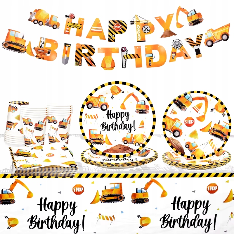 Zestaw Naczyń Jednorazowych Happy Birthday Urodziny Koparki Dźwig – Idealny na Urodziny