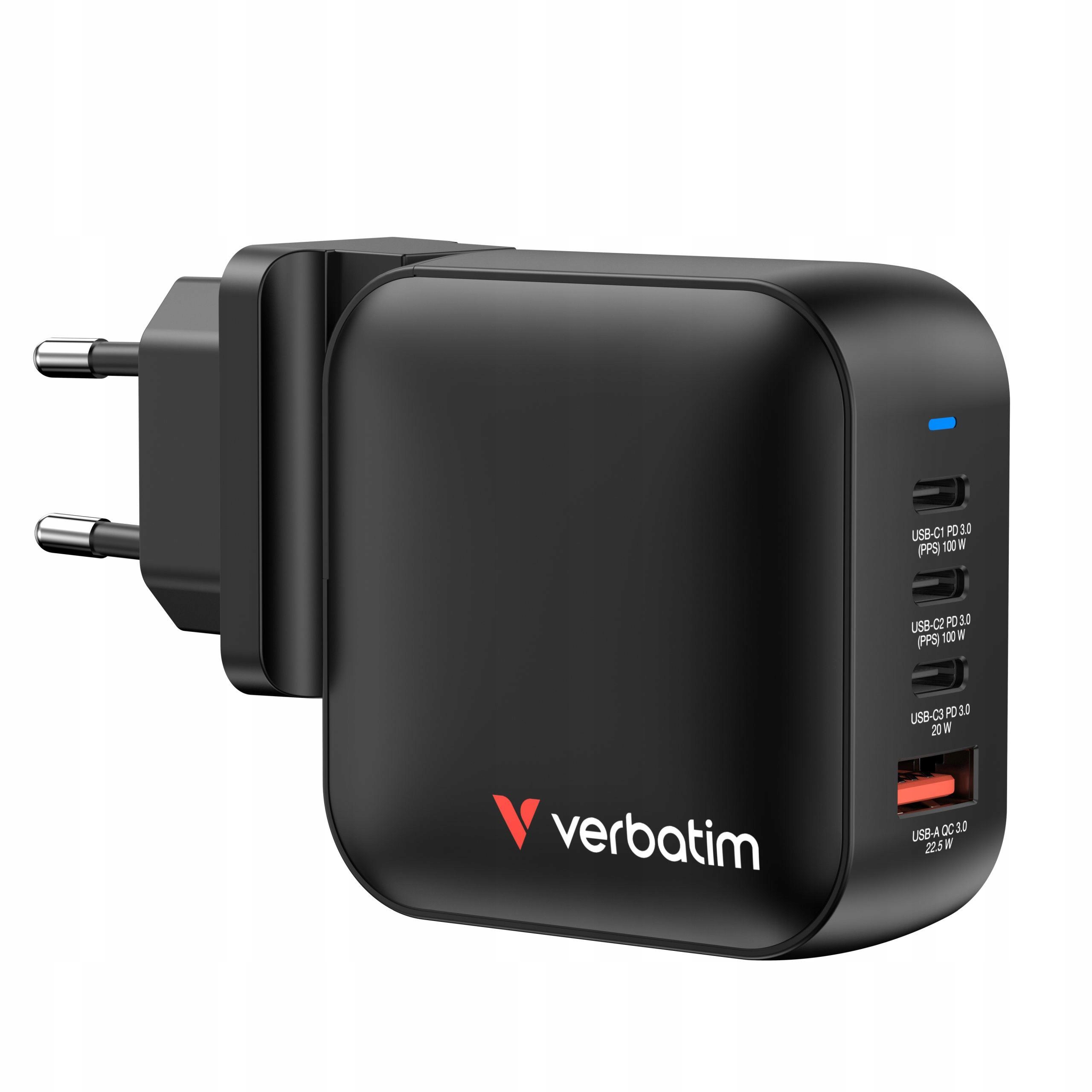Verbatim Mini GaN Charger 100W 3xUSB-C PD, 1xUSB-A QC 3.0 – Wydajne ładowanie w kompaktowej formie