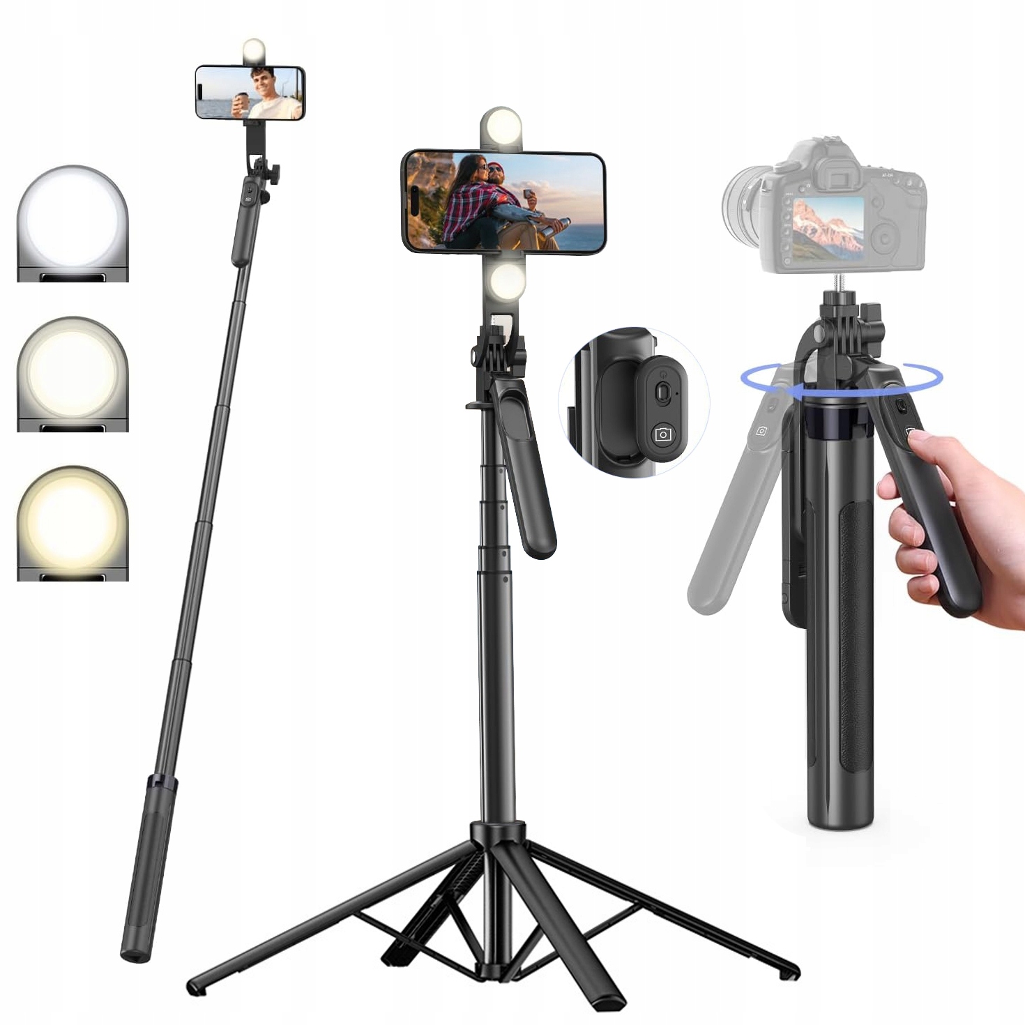 Hurtel Selfie Stick WH181D-Y1S – Teleskopowy statyw 2w1 z podwójną lampą