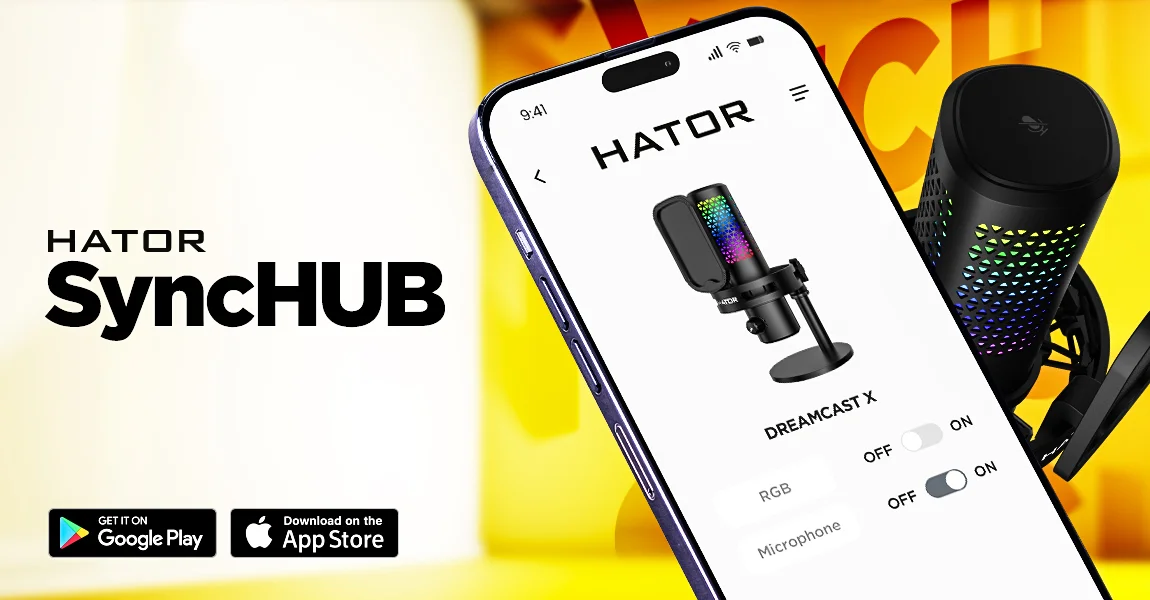 Smartfon z aplikacją HATOR SyncHUB do sterowania mikrofonem, widoczne opcje RGB oraz przełączniki Włącz / Wyłącz