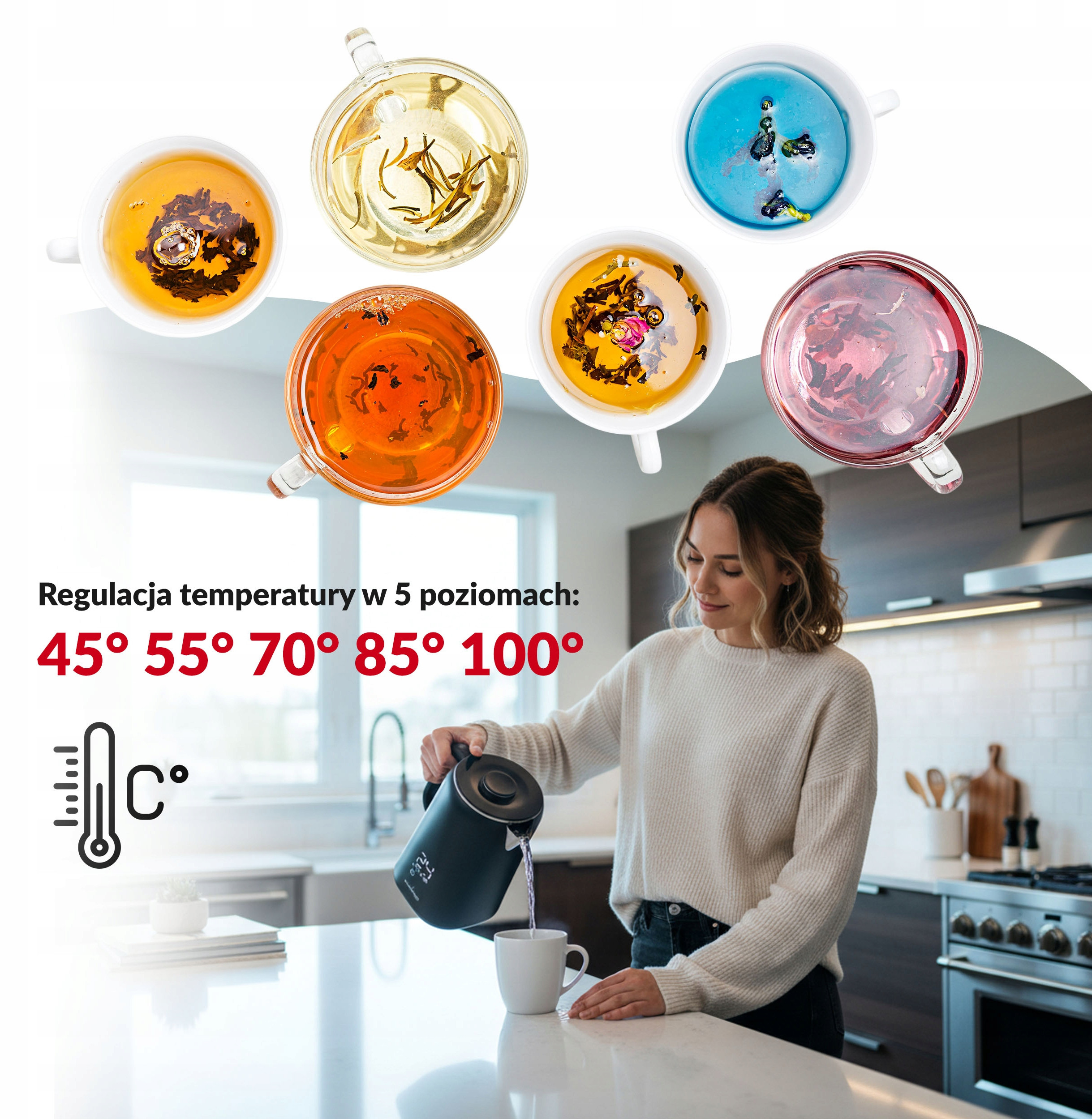 CZAJNIK ELEKTRYCZNY BEZPRZEWODOWY REGULACJA DOTYKOWY WYŚWIETLACZ LED 1,7L Moc 1500 W