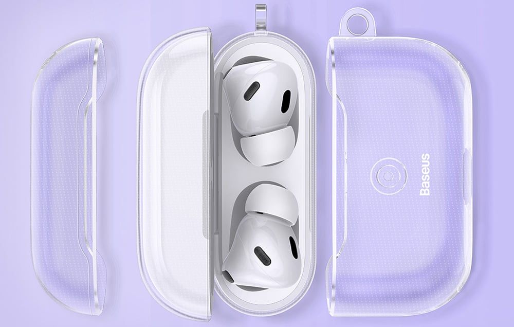 Przezroczyste etui Baseus z otwarta pokrywą przy etui ładującym, w którym widać słuchawki AirPods 3.