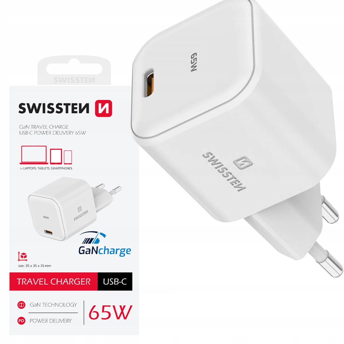 Zasilacz do laptopa Sourcing Swissten GaN Travel Charger Network Charger USB-C 65W – Szybkie ładowanie w zasięgu ręki