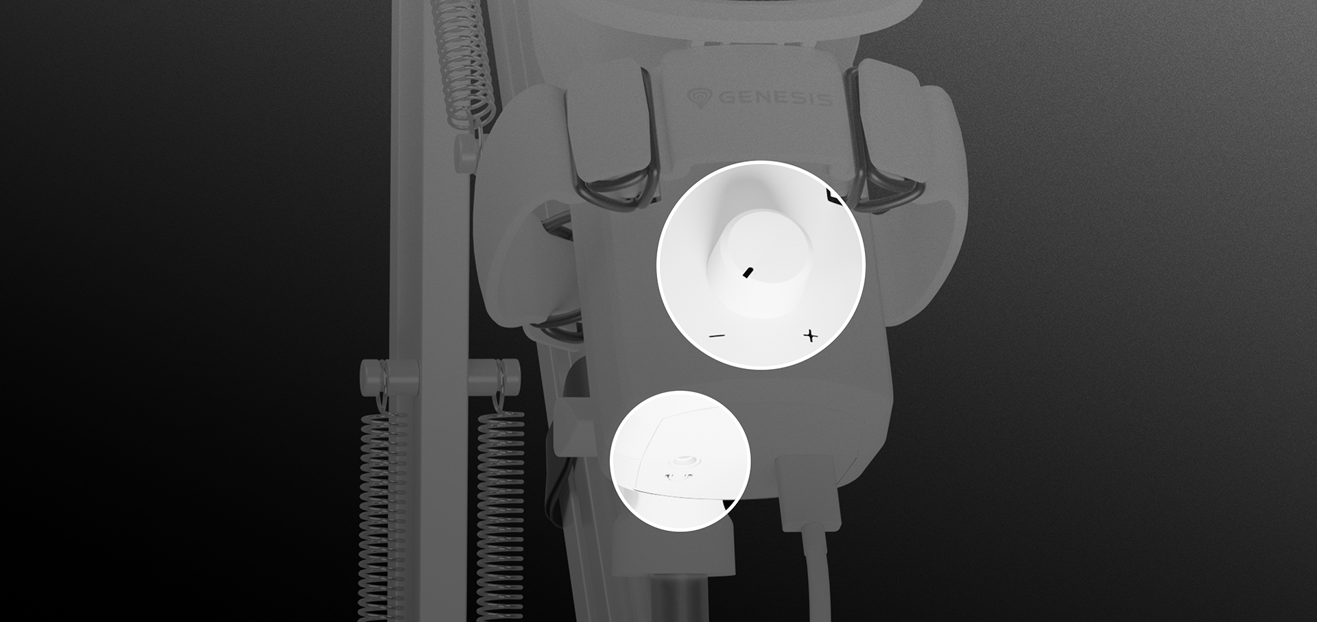 Biały mikrofon USB z panelem sterowania wyposażonym w pokrętła głośności i wzmocnienia, zamontowany na regulowanym ramieniu