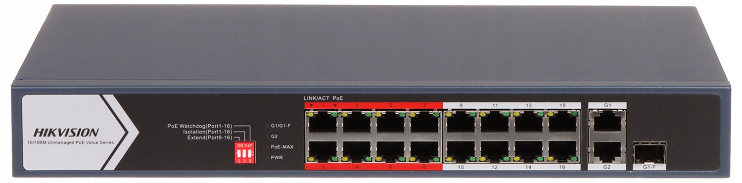 Porty i możliwości PoE – 16 x RJ45 oraz 2 x Uplink