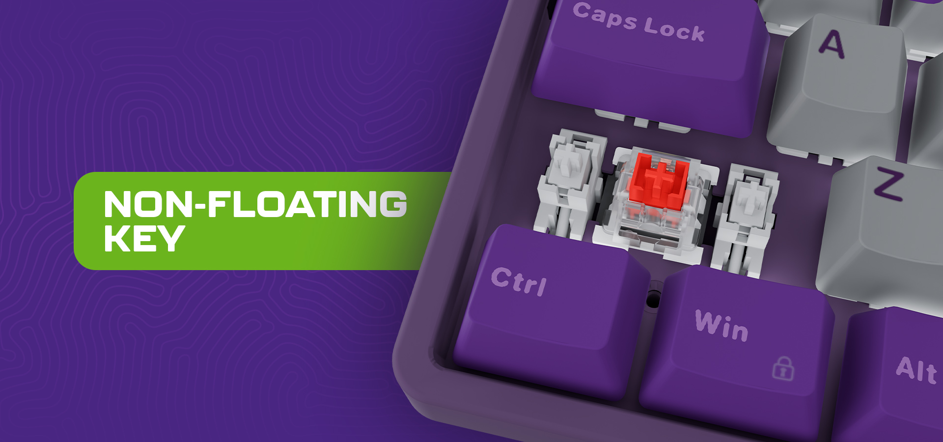 Zbliżenie klawiatury pokazujące czerwony przełącznik klawisza i konstrukcję non-floating.