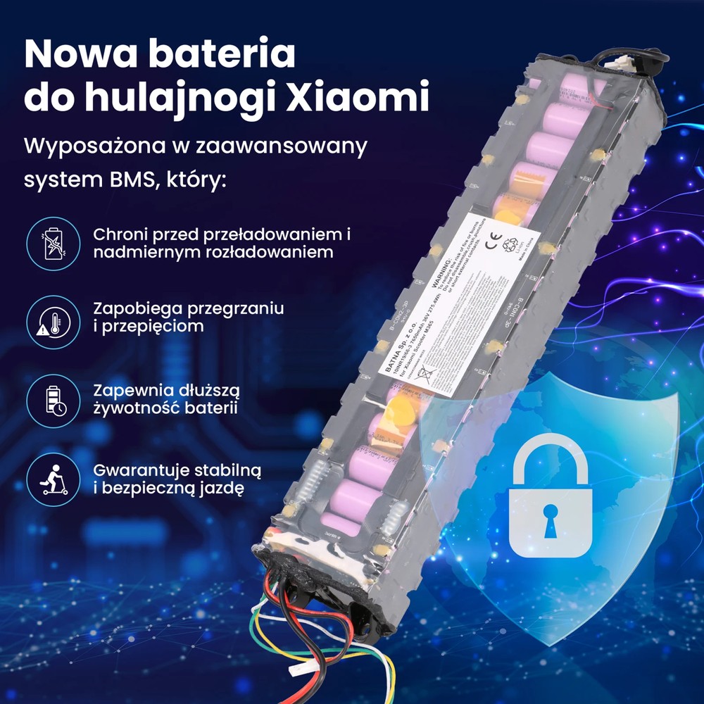 bateria do hulajnogi xiaomi m365 obok symbol bezpieczeństwa z niebieską tarczą i białą kłódką