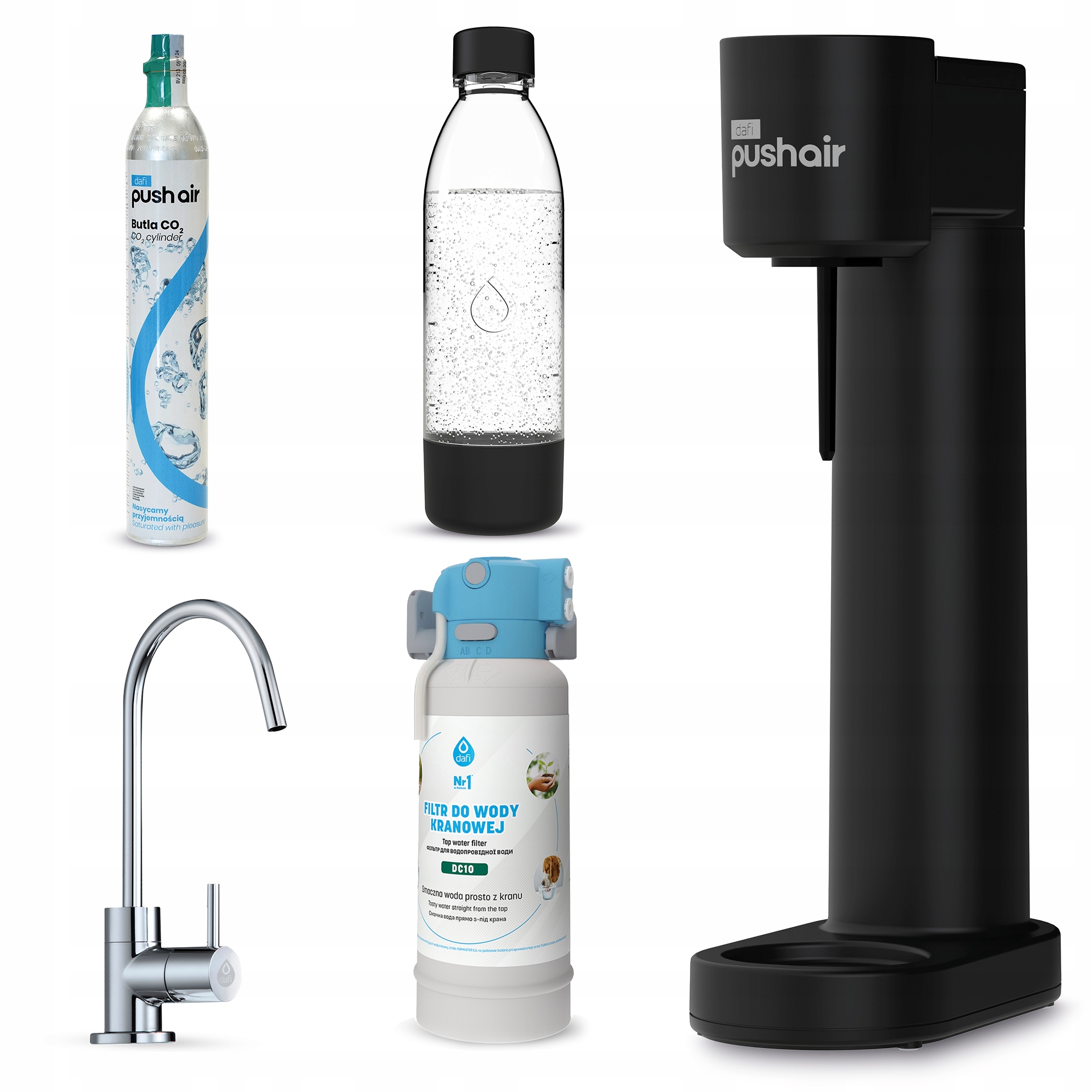 PushAir saturator nabój butelka + Flow Comfort DC10 bateria Alto Chrom – Twój domowy syfon do gazowanej wody
