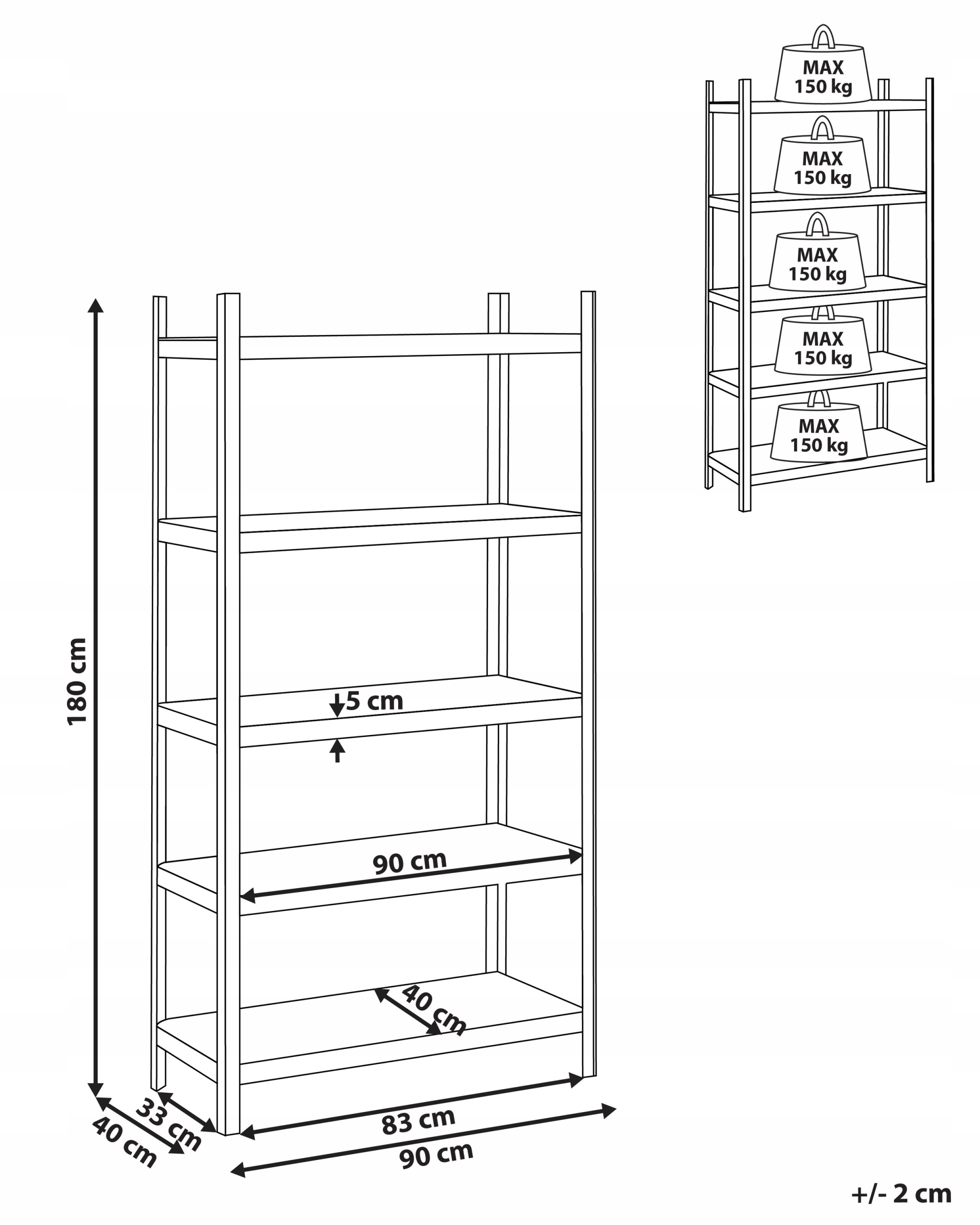 Wymiary regału: 180 cm wysokości, 90 cm szerokości, 40 cm głębokości