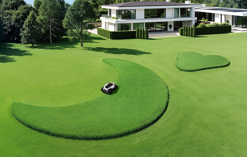 Robot koszący przycina trawę w kształt półksiężyca i serca na dużym trawniku.