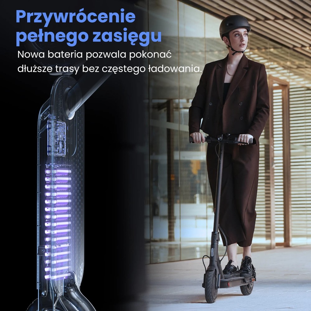 po lewej w pionie wizualizacja wnętrza hulajnogi pokazująca baterię po prawej kobieta jedzie na hulajnodze