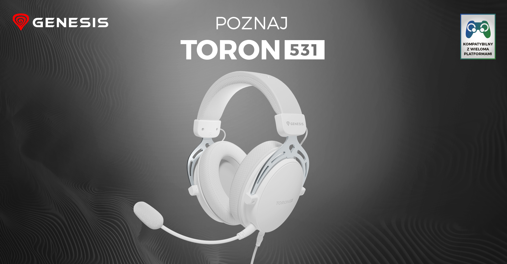 Białe słuchawki nauszne Genesis Toron 531 z mikrofonem, charakteryzujące się eleganckim wyglądem i regulowanym pałąkiem.