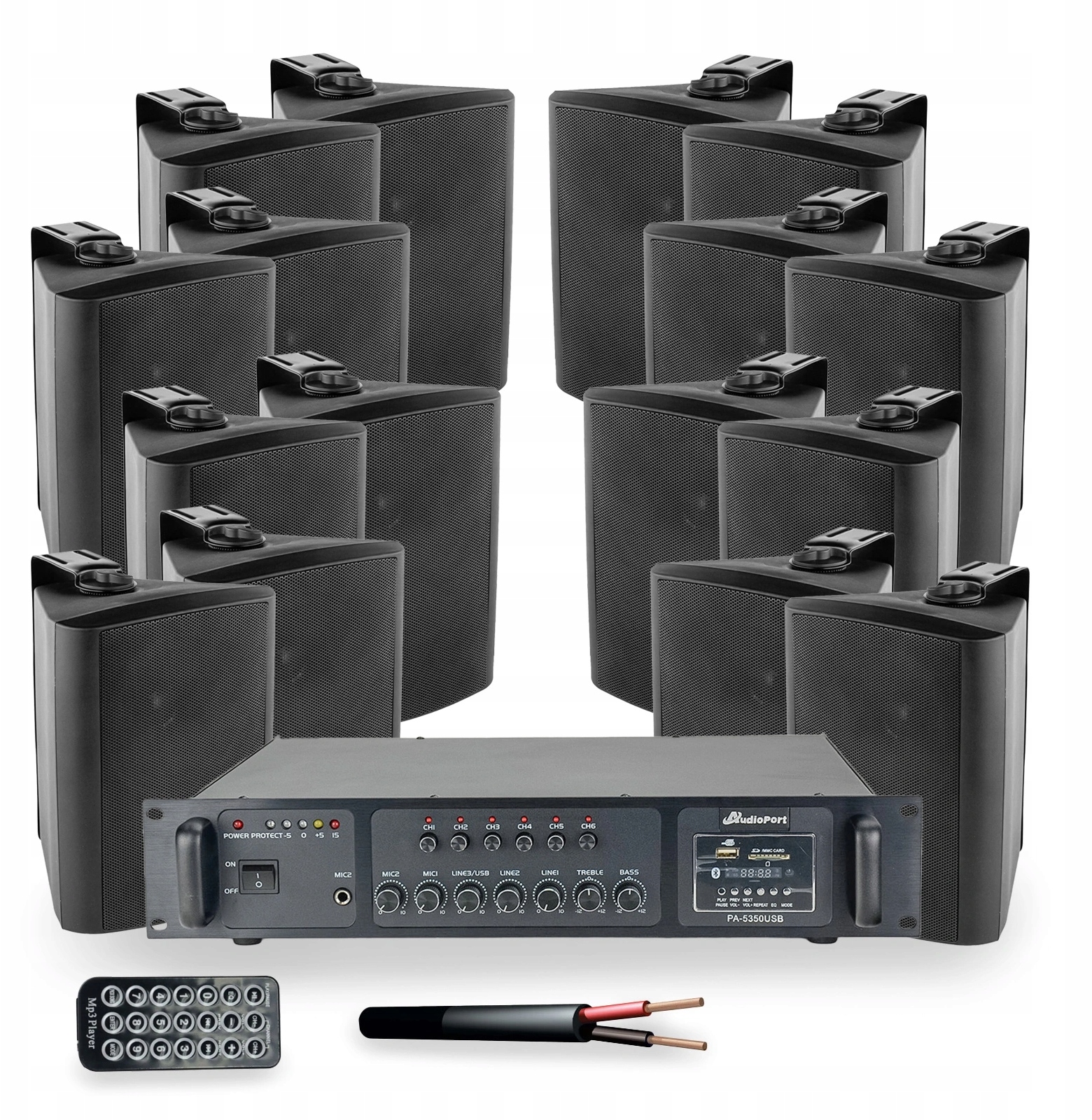 Zestaw czarnych głośników naściennych 16x 4'' ze wzmacniaczem 6 strefowym – Idealne nagłośnienie dla Twojego obiektu