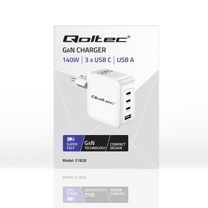 Ładowarka sieciowa 140W GaN | 5-20V | 2.5-5A | 3 x USB-C PD | 1 x USB QC 3.0 – Nowoczesne rozwiązanie do ładowania