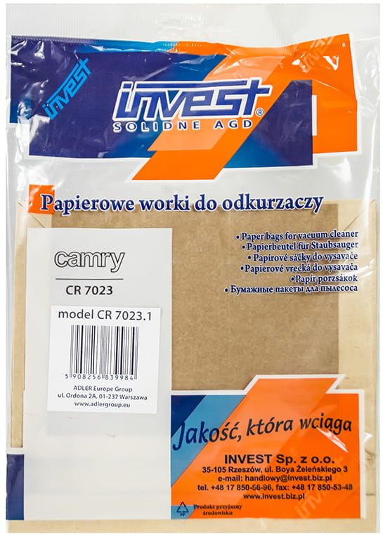 Worki papierowe do odkurzacza Camry CR 7023 5szt Worki papierowe do odkurzacza Camry CR 7023 5szt