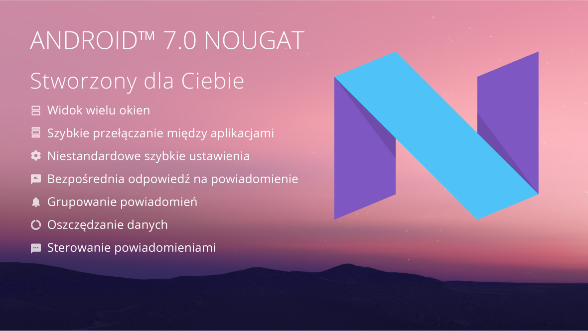 Android 7.0 Nougat Widok wielu okien, szybkie przełączanie między aplikacjami, niestandardowe szybkie ustawienia, bezpośrednia odpowiedź na powiadomienia, grupowanie powiadomień, oszczędzanie danych, sterowanie powiadomieniami