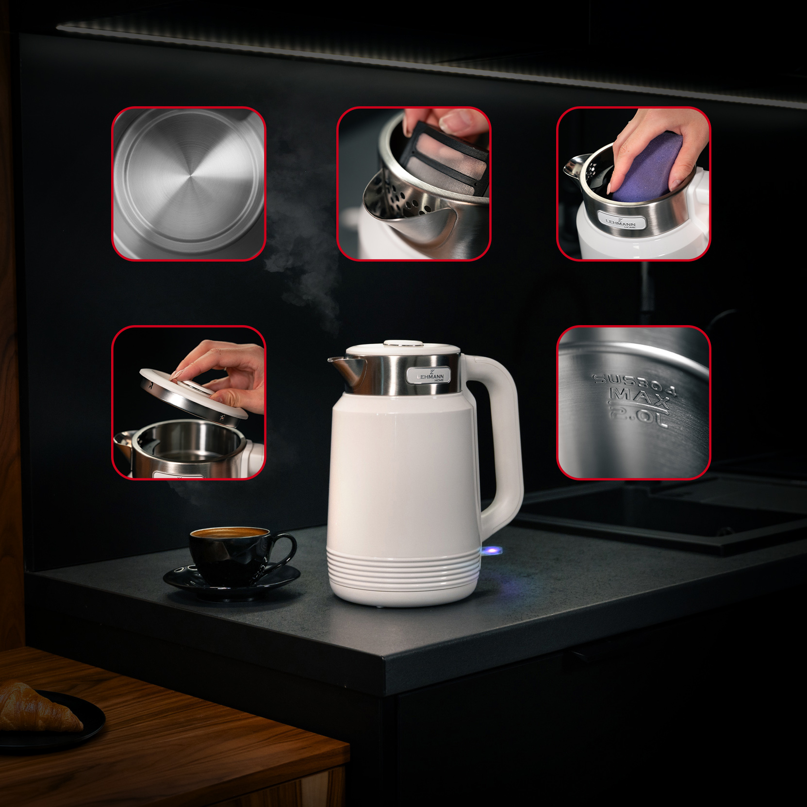 CZAJNIK ELEKTRYCZNY BEZPRZEWODOWY STALOWY RETRO 2200W BIAŁY DUŻY 2L FILTR Pojemność 2 l