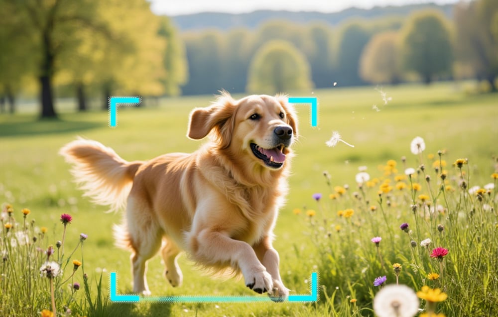 Golden retriever biegnie przez ukwieconą łąkę, ujęty w turkusową ramkę