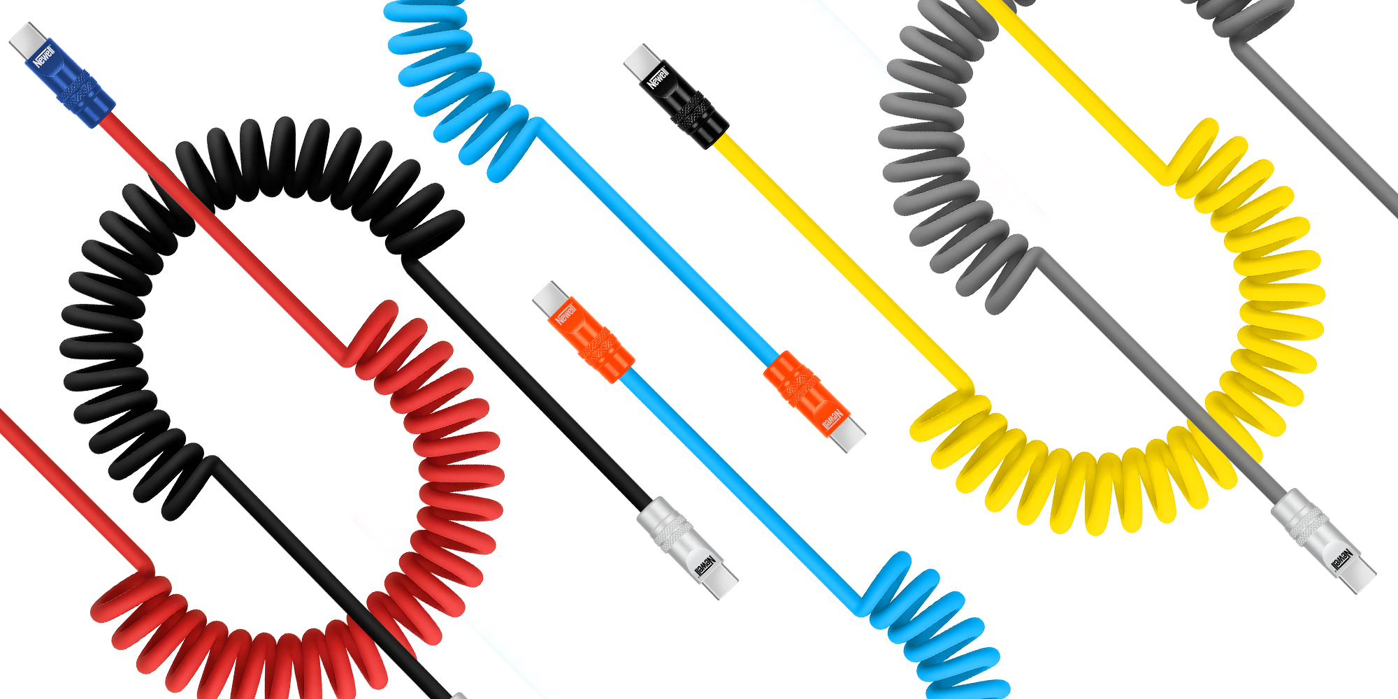 Kabel Newell USB-C - USB-C 100 W, 1,5 m, silikonowy, spiralny, niebiesko-pomarańczowy