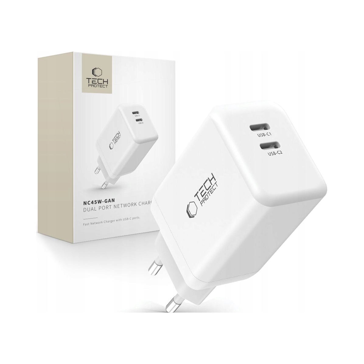 Ładowarka sieciowa Tech-Protect NC45W-GAN 2-portowa PD45W w kolorze białym